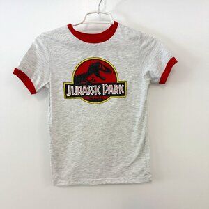 Kids Jurassic Park Gray heather & Red Ringer Short Sleeve Crew Neck T-Shirt Top